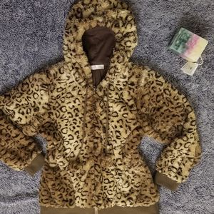Teddy Leopard Print Zip Hoodie Size Large